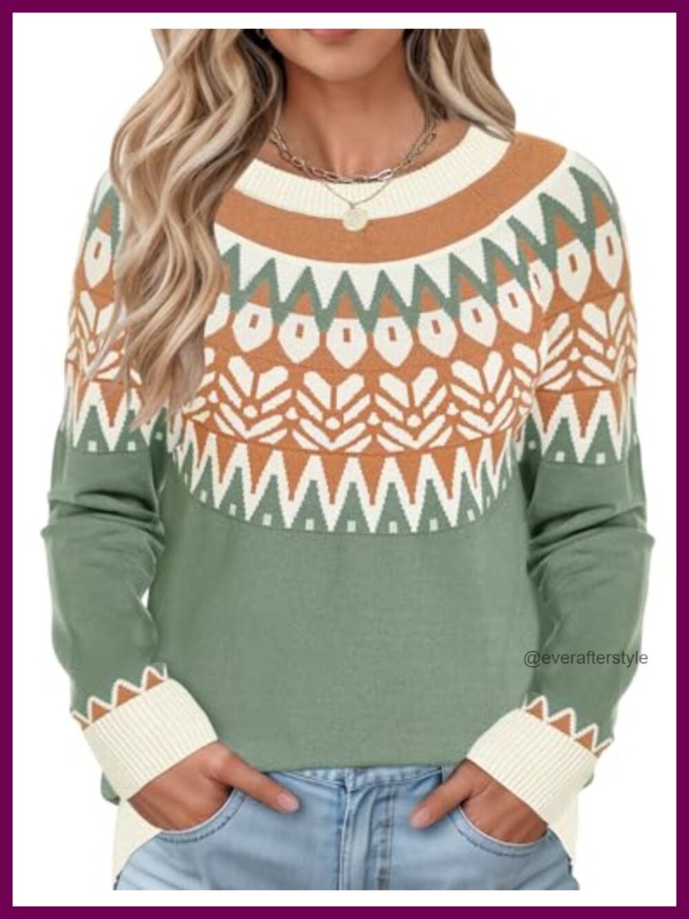 Lightweight Fair Isle Knit Pullover Raglan Sleeve Crew Neck Sweater